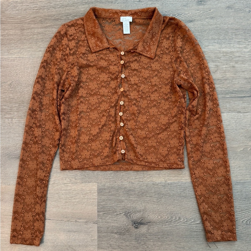 West Of Melrose Sheer Floral Lace Crop Long Sleeve Button Down Rust Brown Blouse